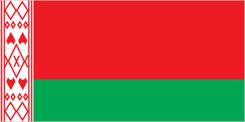 Belarus Flag: red horizontal band (top) and green horizontal band one-half the width of the red band; a white vertical stripe on the hoist side bears Belarusian national ornamentation in red; the red band color recalls past struggles from oppression, the green band represents hope and the many forests of the country. [CIA World Fact Book]