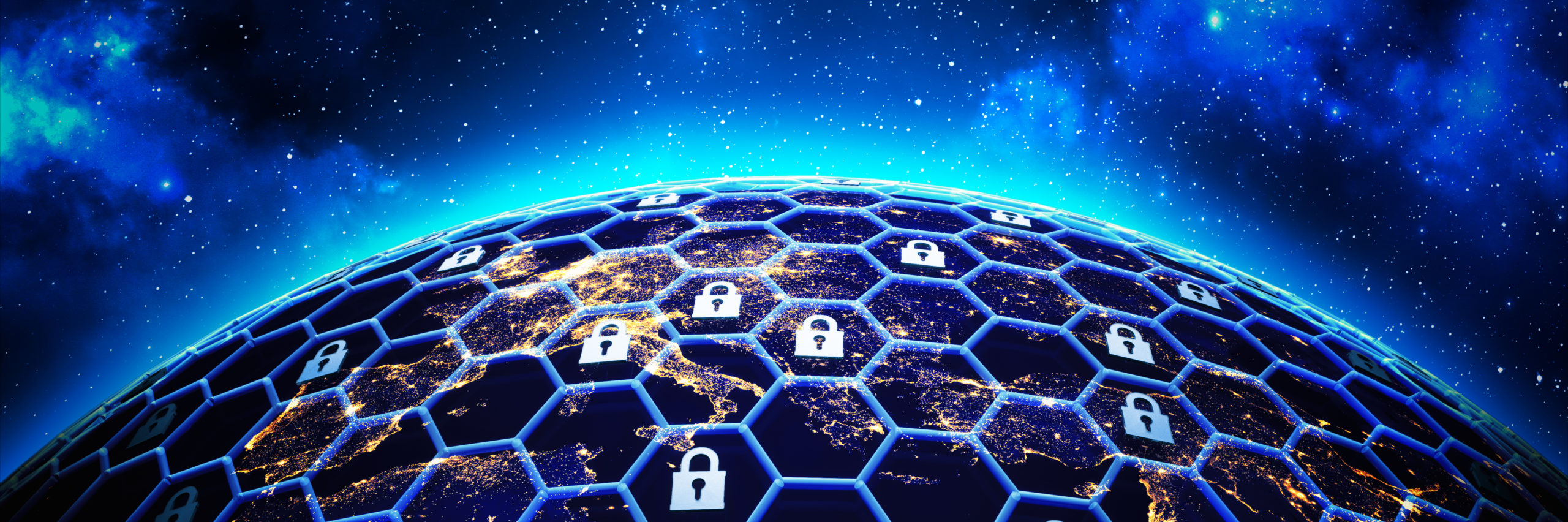 Global network security and data protection concept, a grid of cells with a lock symbol in some of them around the Earth globe on deep blue space background, 3d illustration - Illustration