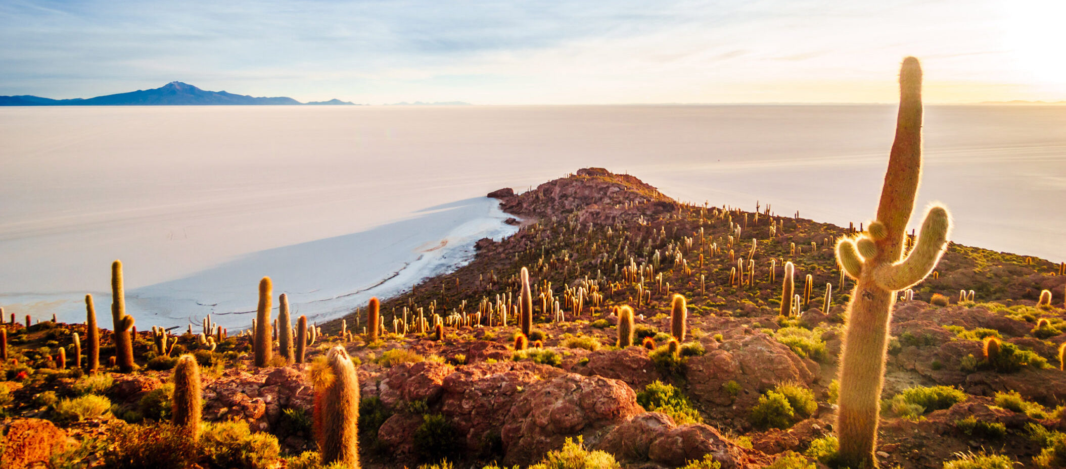 View on sunrise over island incahuasi by salt lake Uyuni in Bolivia