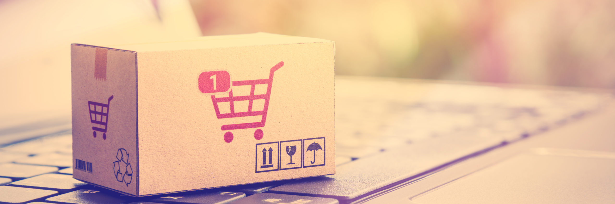 Online shopping / retail ecommerce and delivery service concept : Box with 1 item in a shopping cart sign on a laptop, depicts consumers purchase or order products from suppliers or digital stores. - Image