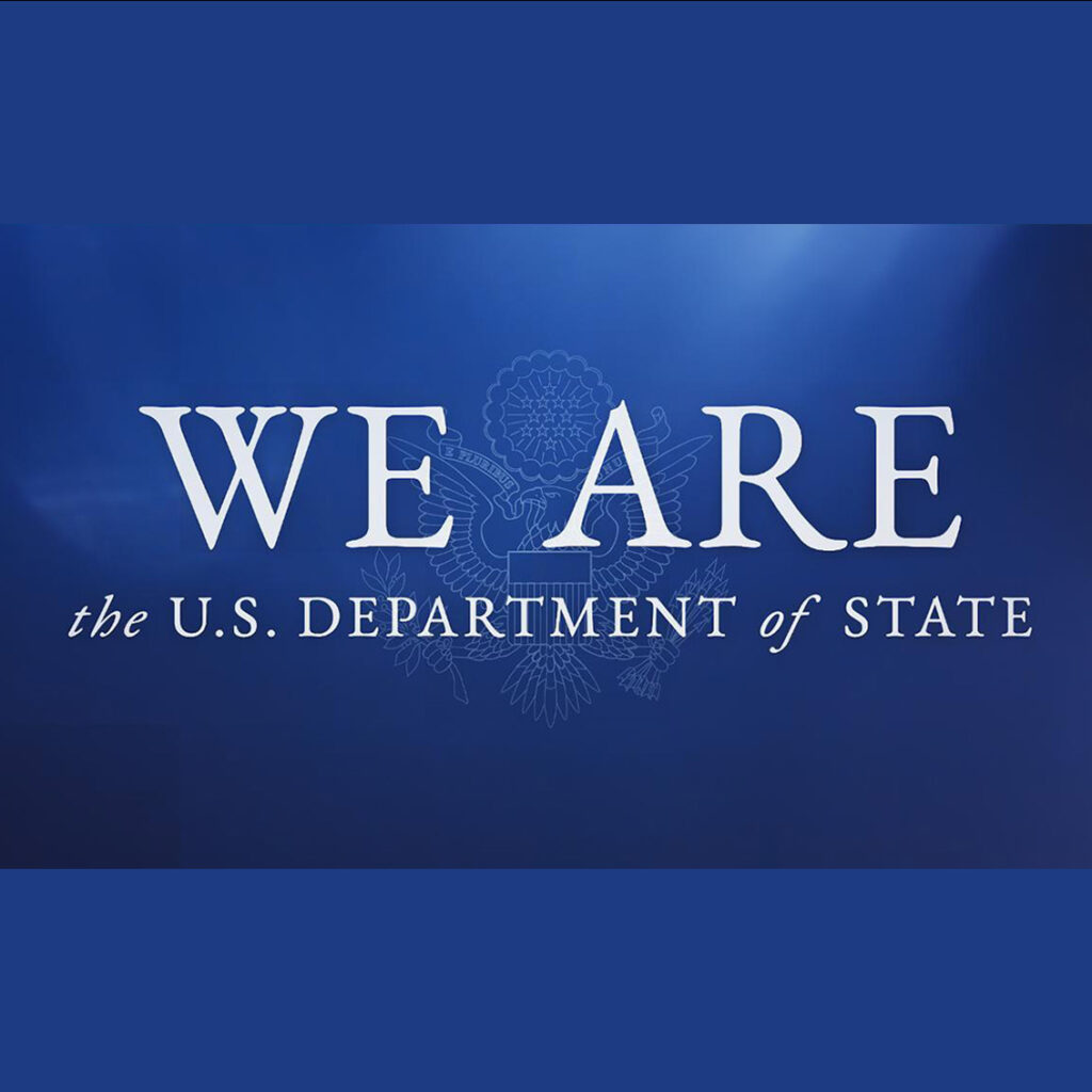 white text on blue background reads "we are the U.S. Department of State"
