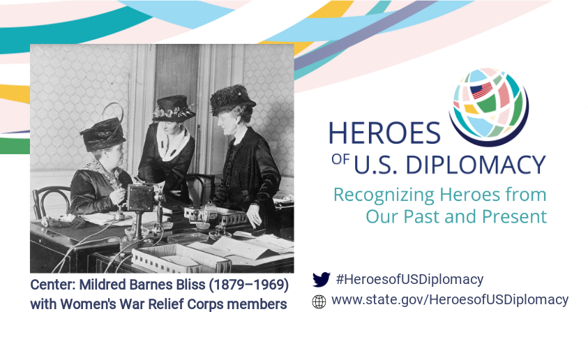 Photo of Mildred Barnes Bliss with Women's War Relief Corps members on Heroes of U.S. Diplomacy branding.