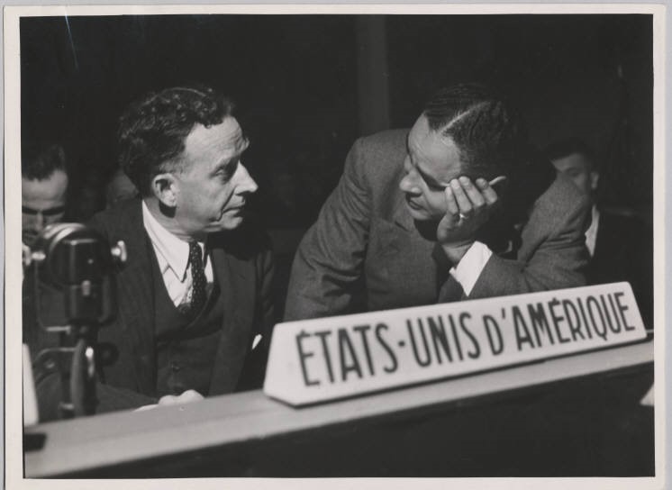 Photo of Dr. Ralph J. Bunche with another representative at the first session of the United Nations General Assembly on January 10, 1946.