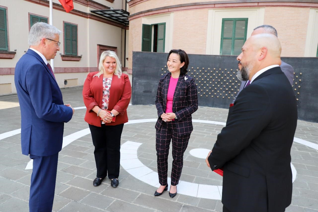 L to R: Albanian Minister of Interior, Embassy Tirana Regional Security Officer, Ambassador Yuri Kim, member of Albanian State Police, DSS special agent, in Tirana, Albania, on June 25, 2020. (U.S. Department of State photo)