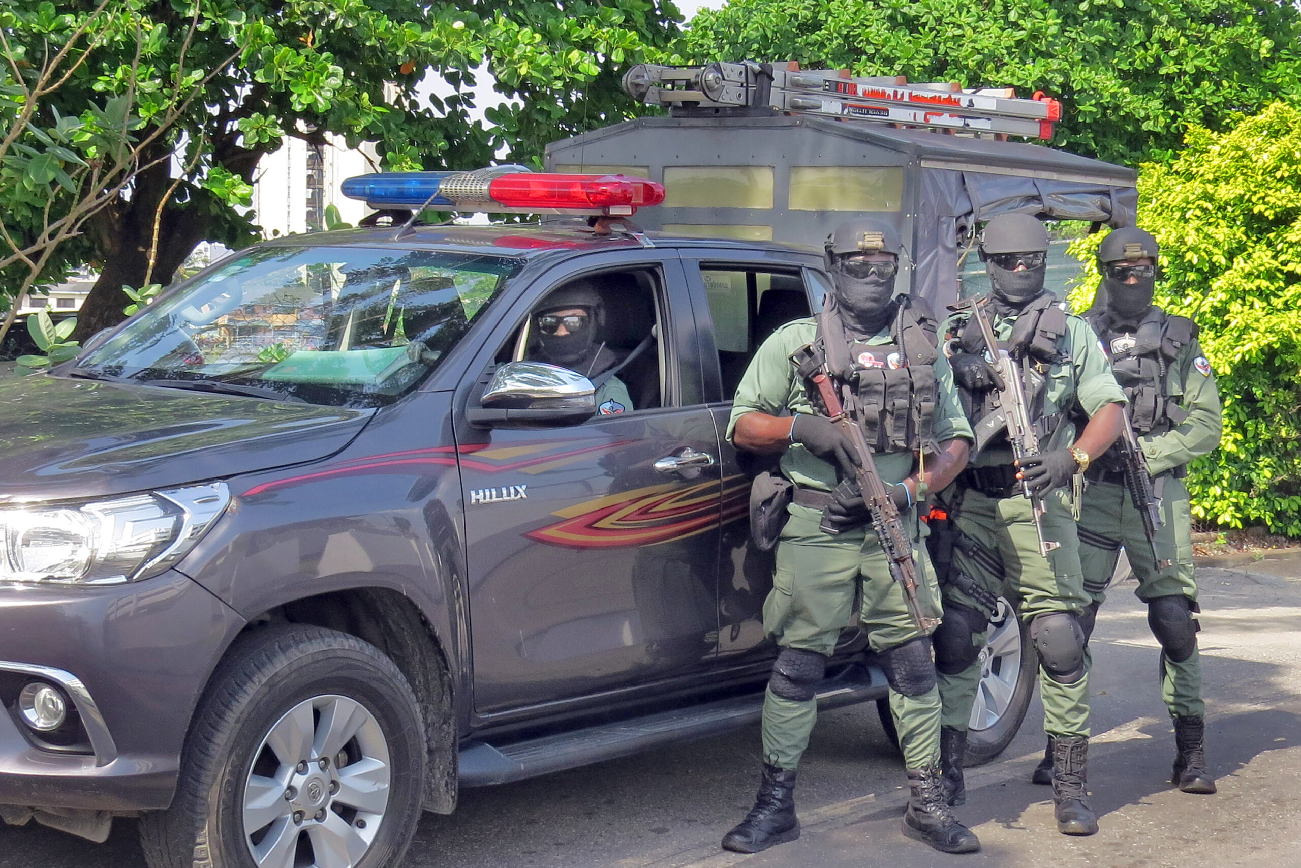 Nigerian police assigned to protect U.S. diplomatic facilities and personnel train with one of their vehicles in city of Lagos in November 2020. The police are part of a Special Program for Embassy Augmentation Response (SPEAR) team. SPEAR teams are quick-response forces trained and funded by the Diplomatic Security Service’s Office of Antiterrorism Assistance (ATA). (Department of State photo)