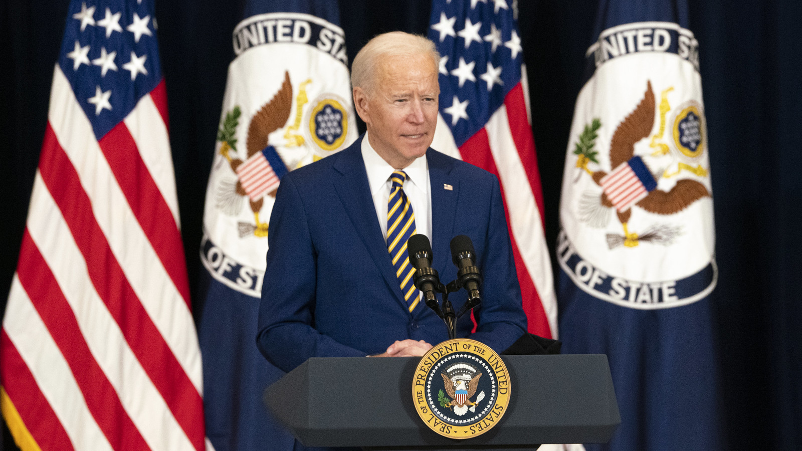 President Joseph R. Biden, Jr., with Vice President Kamala K. Harris and Secretary of State Antony J. Blinken, delivers remarks to State Department employees, at the U.S. Department of State in Washington, D.C., on February 4, 2021. [State Department Photo by Freddie Everett/ Public Domain]