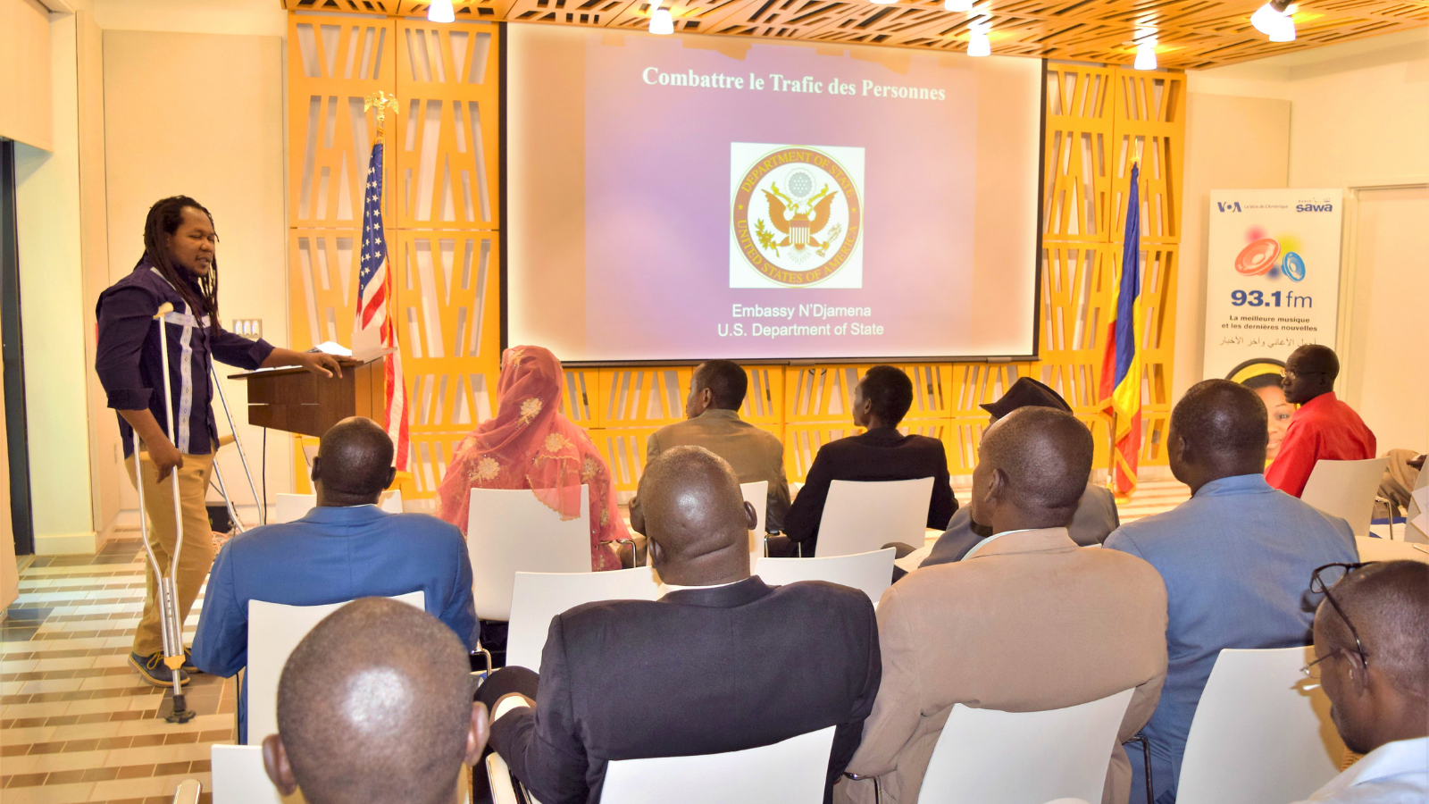 Djas Ratebaye gives a presentation on Trafficking in Persons for criminal and judicial police officers in Chad, N’Djamena. (Photo courtesy of Ali Kardas of the Public Affairs Section of U.S. Embassy N’Djamena)