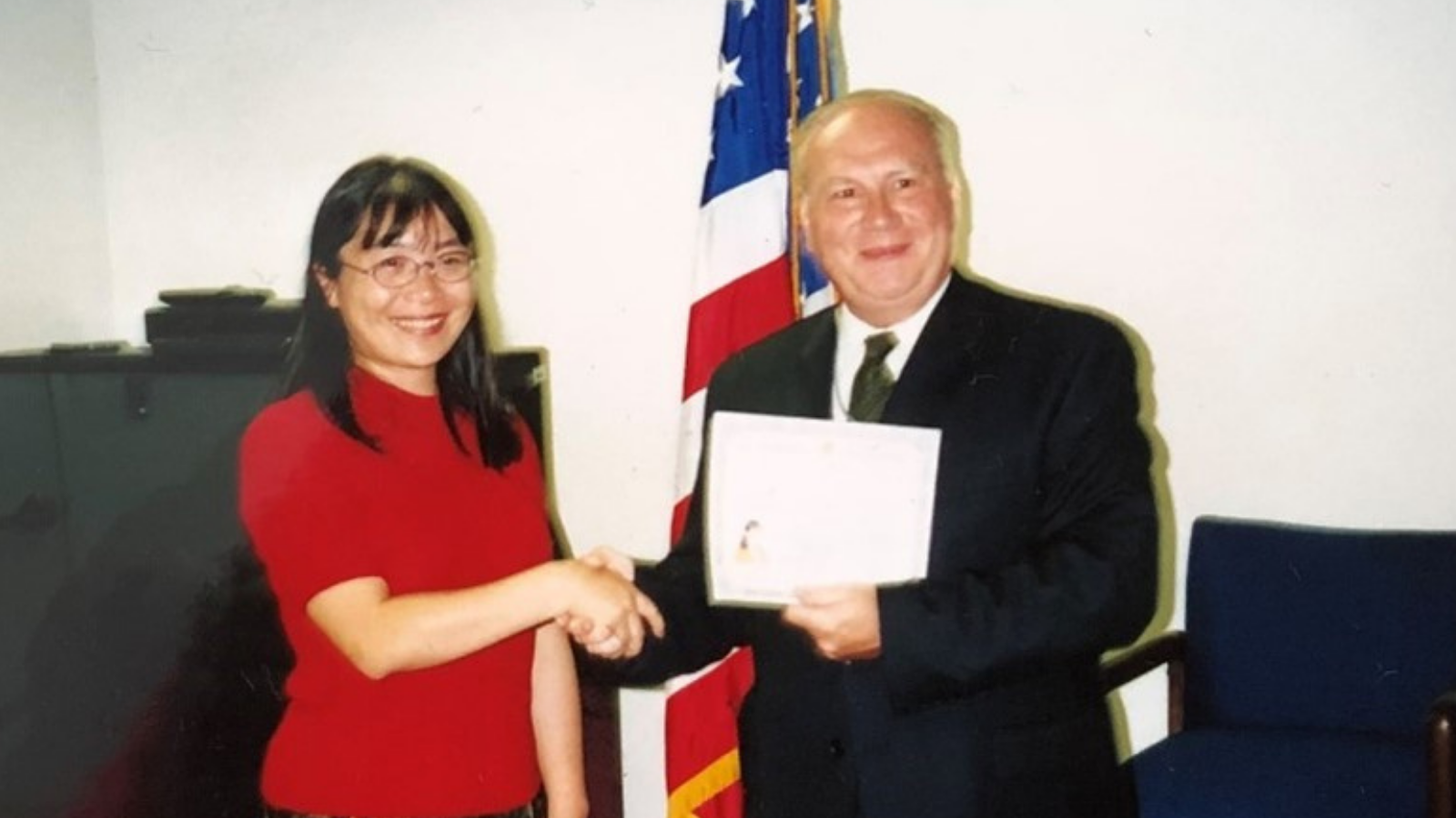 Foreign Service Officer and author Chunnong Saeger is naturalized as a U.S. Citizen in September 2001. (Photo courtesy of the author)