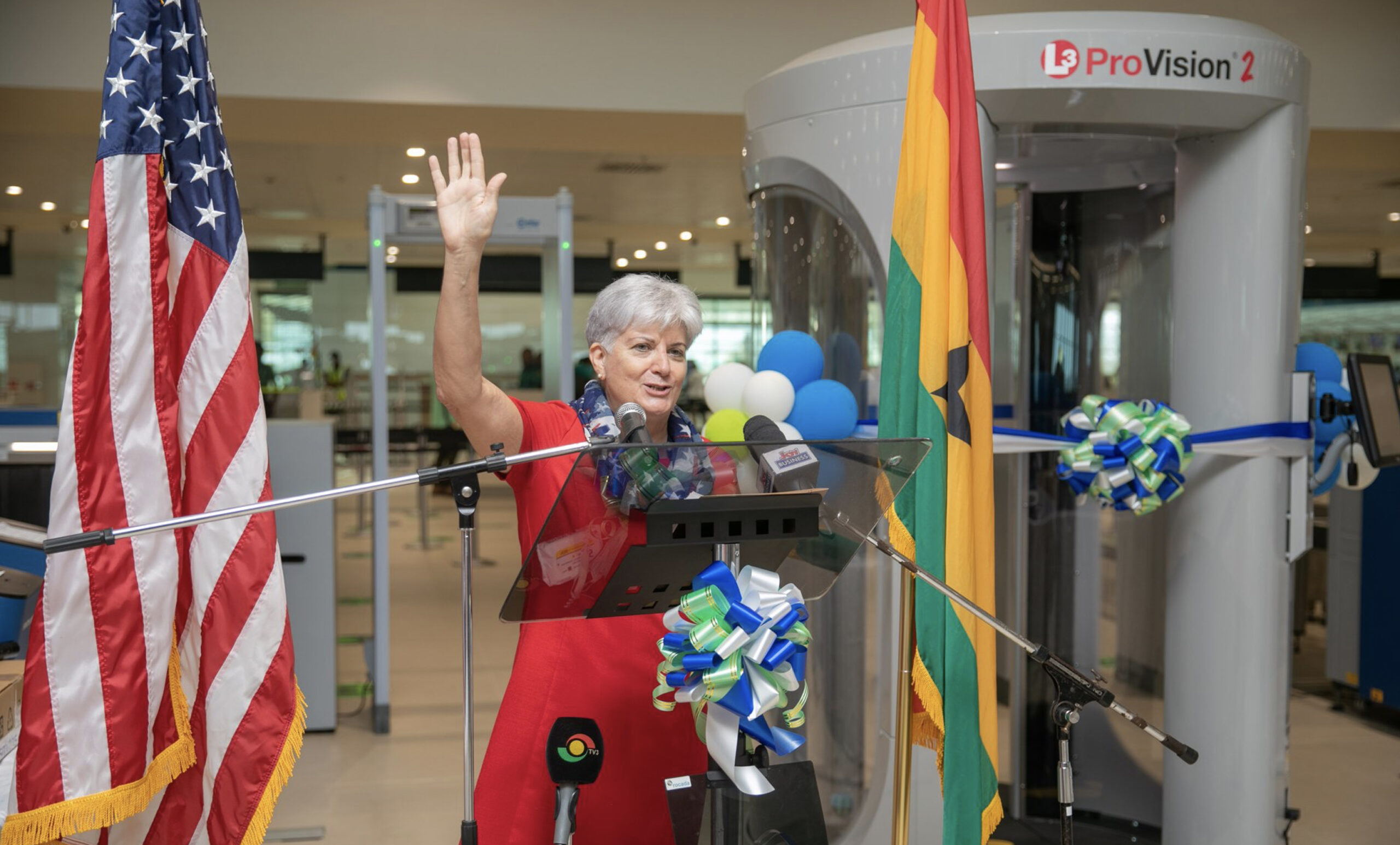 U.S. Ambassador Stephanie S. Sullivan presents new aviation security screening equipment to the government of Ghana on March 23, 2021. The equipment was donated as part of an ATA equipment grant. (U.S. Department of State photo)