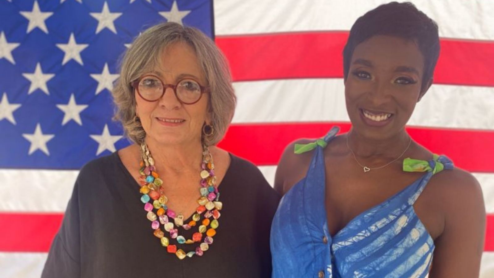 Ambassador to Barbados, the Eastern Caribbean and the OECS Linda Taglialatela and Barbadian singer Nikita pose for a photo before a live concert for Carribean American Heritage Month.