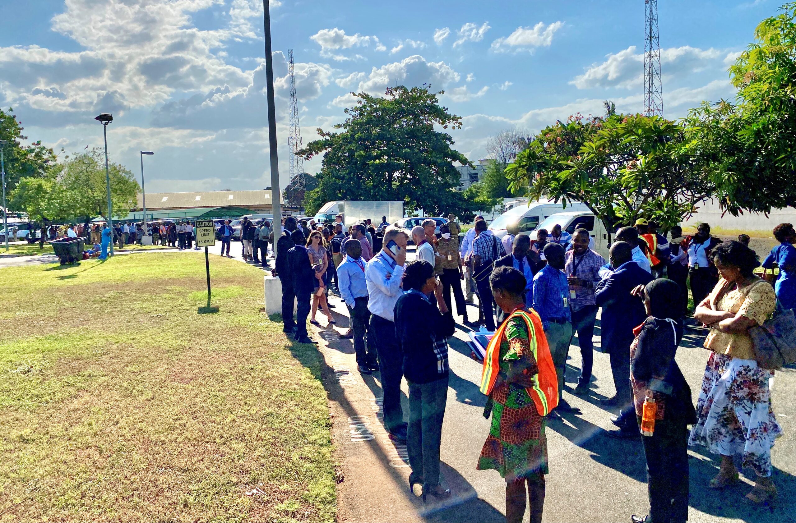 U.S. Embassy employees evacuate buildings and gather at a rally point during an exercise, Dar es Salaam, Tanzania, July 6, 2021. (U.S. Department of State photo)