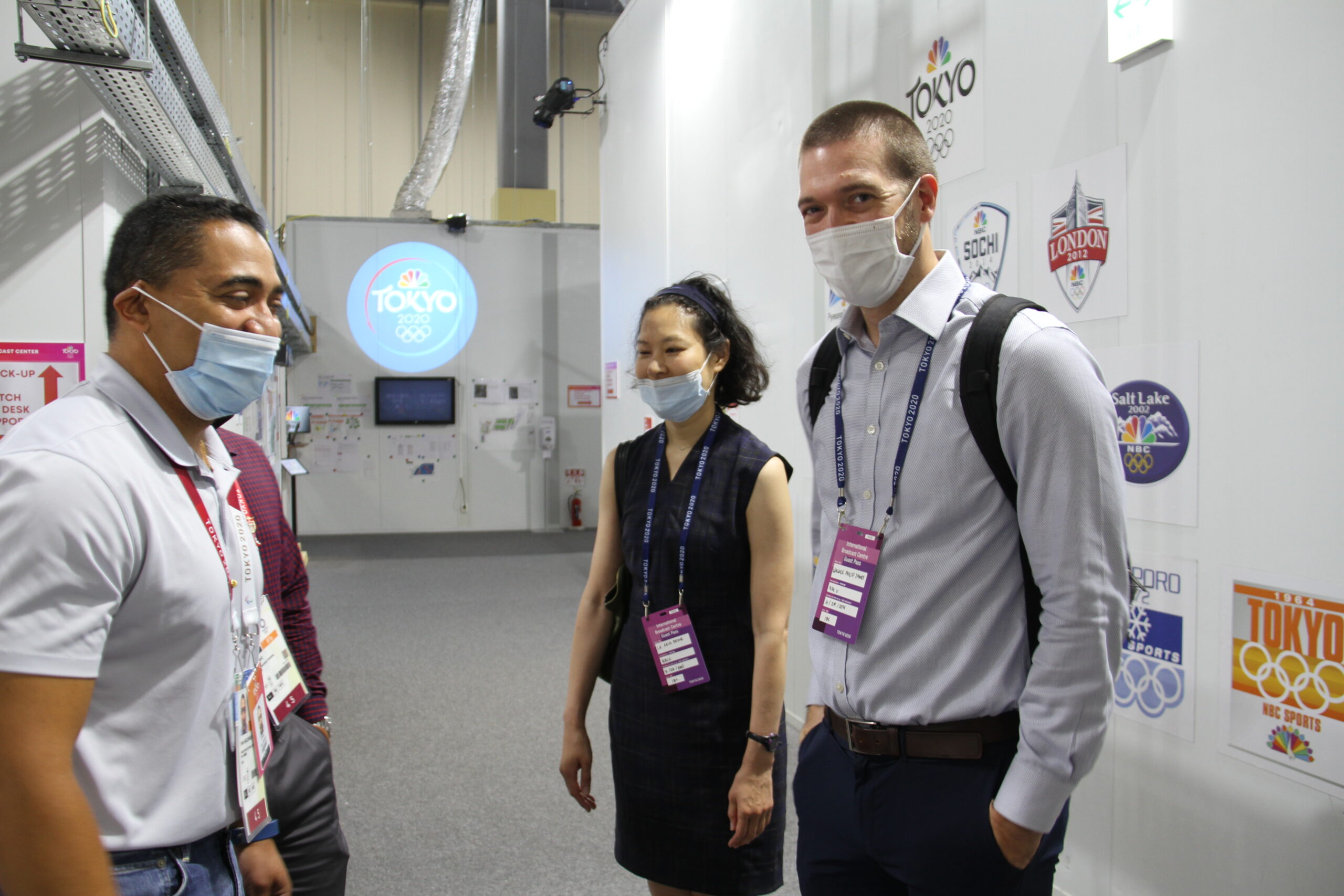 Walker (far right), DSS Special Agent and Beijing Olympic Security Coordinator Aria Lu (center) and NBC Sports Group vice president of Global Security (left) at the NBC studio at the International Broadcasting Center, Tokyo, Japan, July 24, 2021. (U.S. Department of State photo)