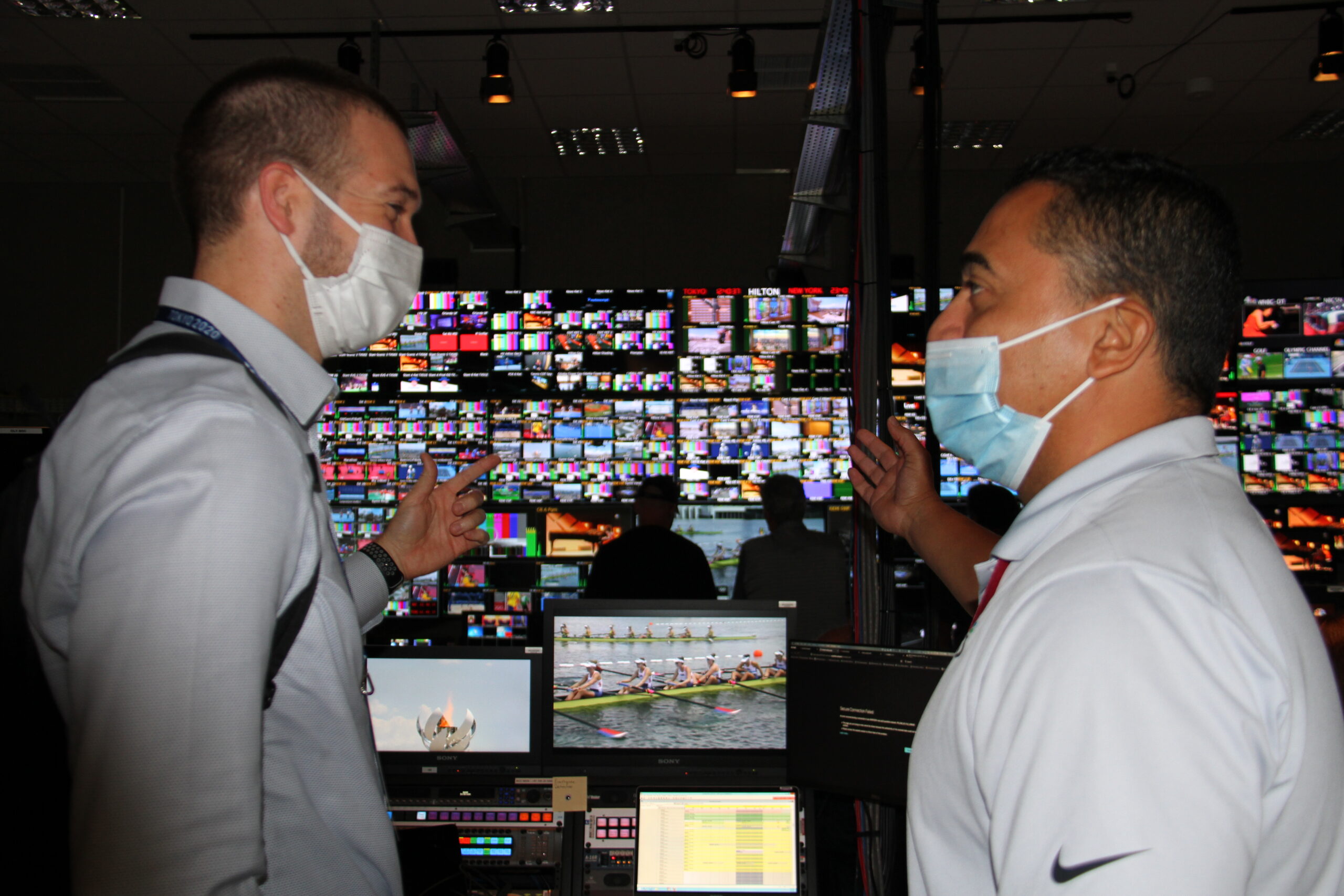 OSAC Major Events Team Lead Phil Walker (left) speaks with the NBC Sports Group vice president of Global Security at NBC’s control studio at the International Broadcasting Center at the Tokyo Olympics, Japan, July 24, 2021. (U.S. Department of State photo)