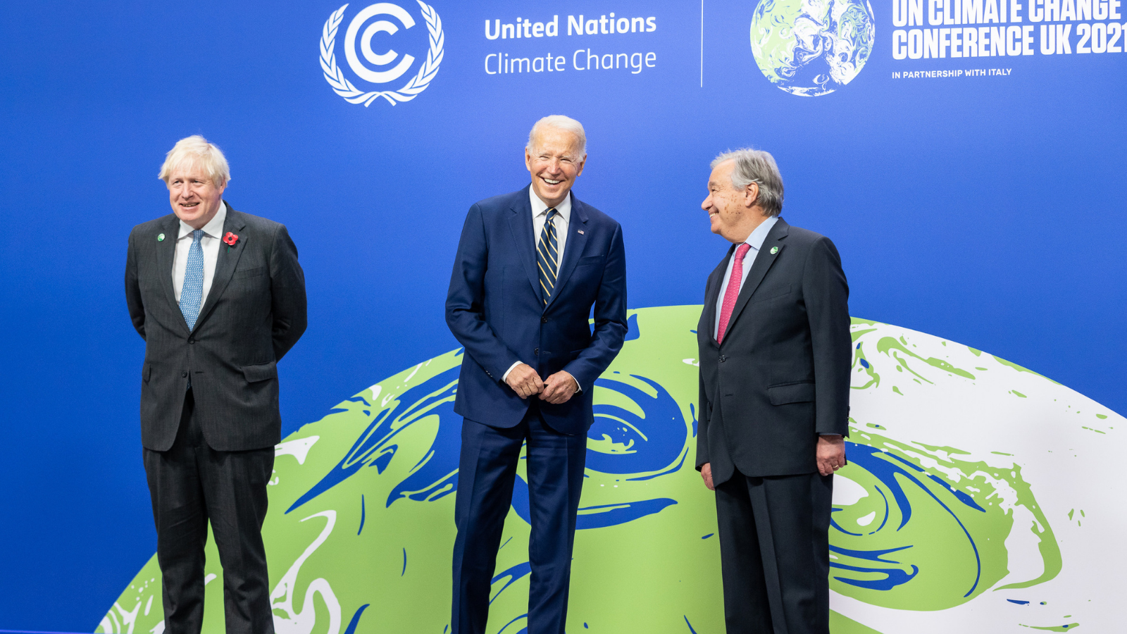 British Prime Minister Boris Johnson (left), President Joe Biden (middle), UN Secretary-General António Guterres (right) at the COP26 UN Climate Change Conference in Glasgow, Scotland, November 1, 2021. [White House photo/Public Domain]