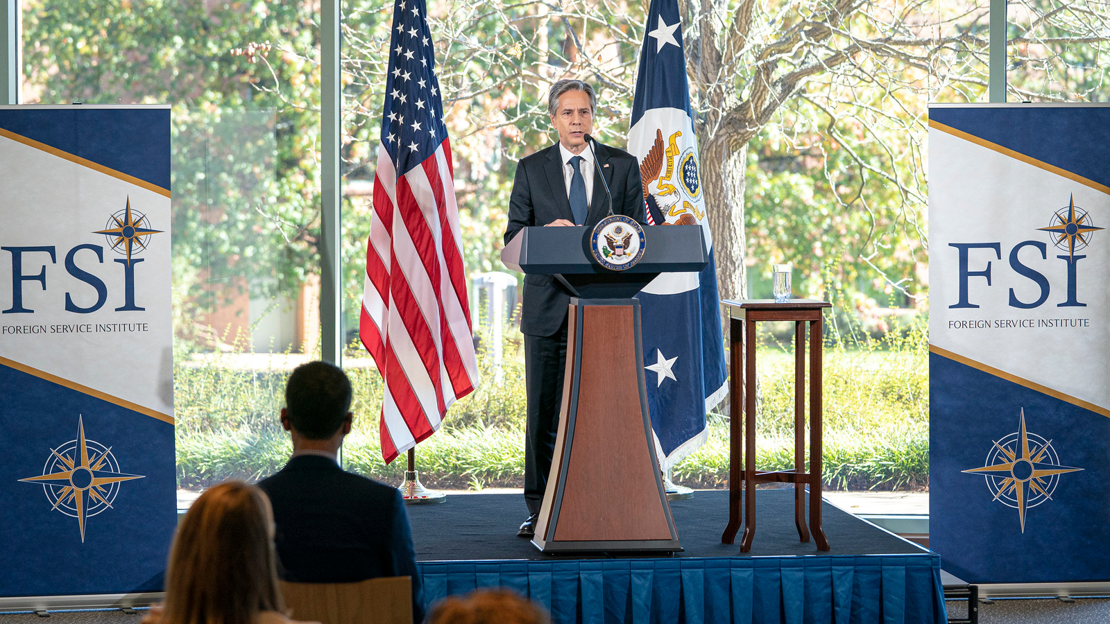Secretary of State Antony J. Blinken delivers remarks on Modernizing American Diplomacy at the Foreign Service Institute in Arlington, Virginia, on October 27, 2021. [State Department photo by Freddie Everett/ Public Domain]