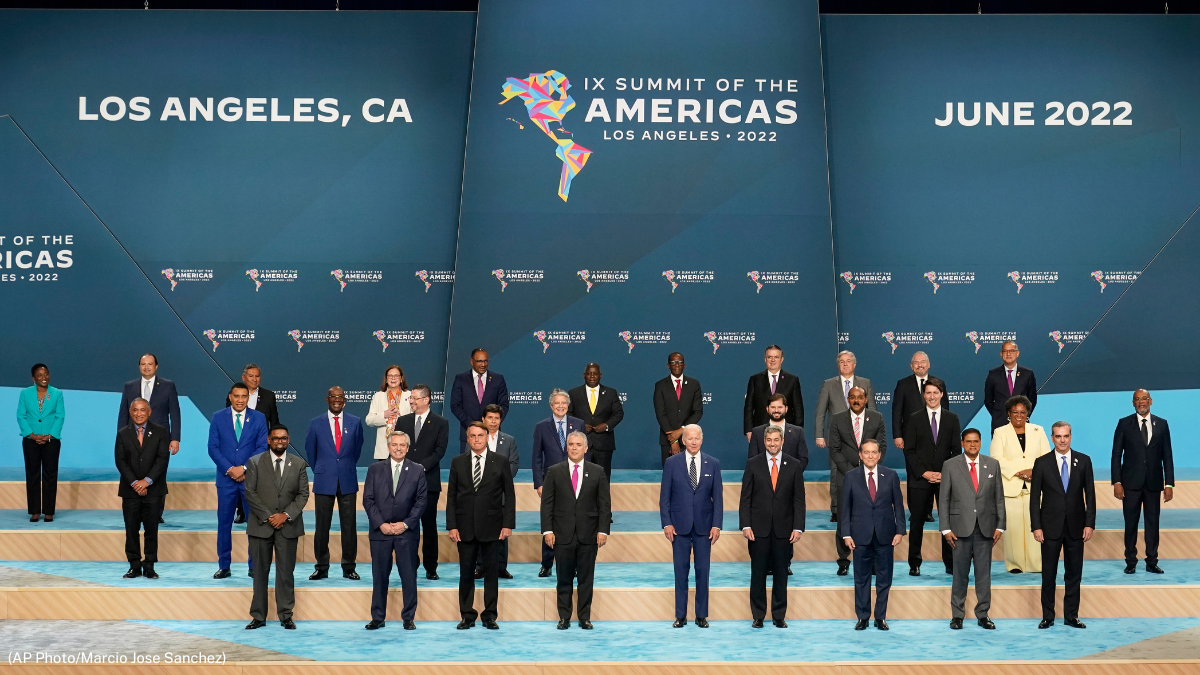 Participants pose for a family photo with heads of state and delegations at the Summit of the Americas, Friday, June 10, 2022, in Los Angeles. (AP Photo/Marcio Jose Sanchez)