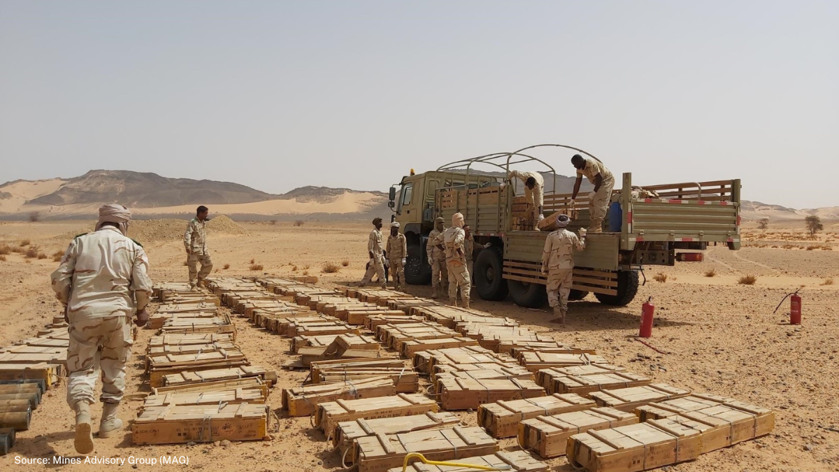 The Mines Advisory Group (MAG) works with the Mauritanian Army to unload a truck of high explosives at the demolition site in Zouerate.