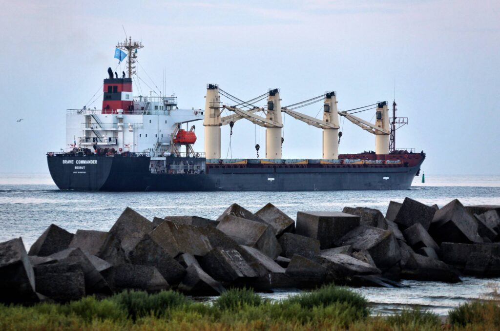 The Brave Commander bulk carrier makes its way from the Pivdennyi Seaport near Odesa, Ukraine.