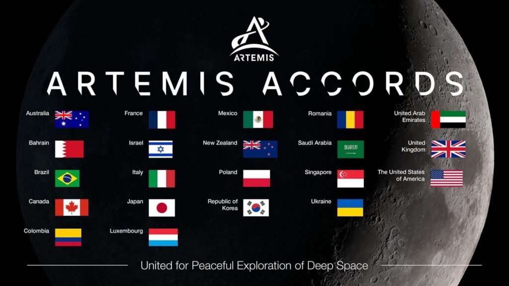 Image of a moon with signatories and flags of the Artemis Accords shown.