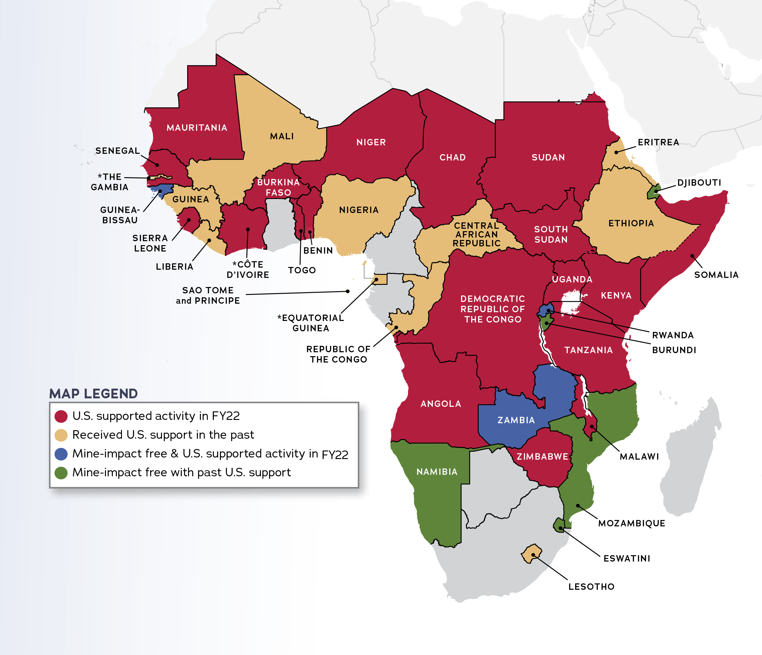 1993–2022 Overview of the U.S. Conventional Weapons Destruction Program: Africa Regional Map, full text description in Appendix A
