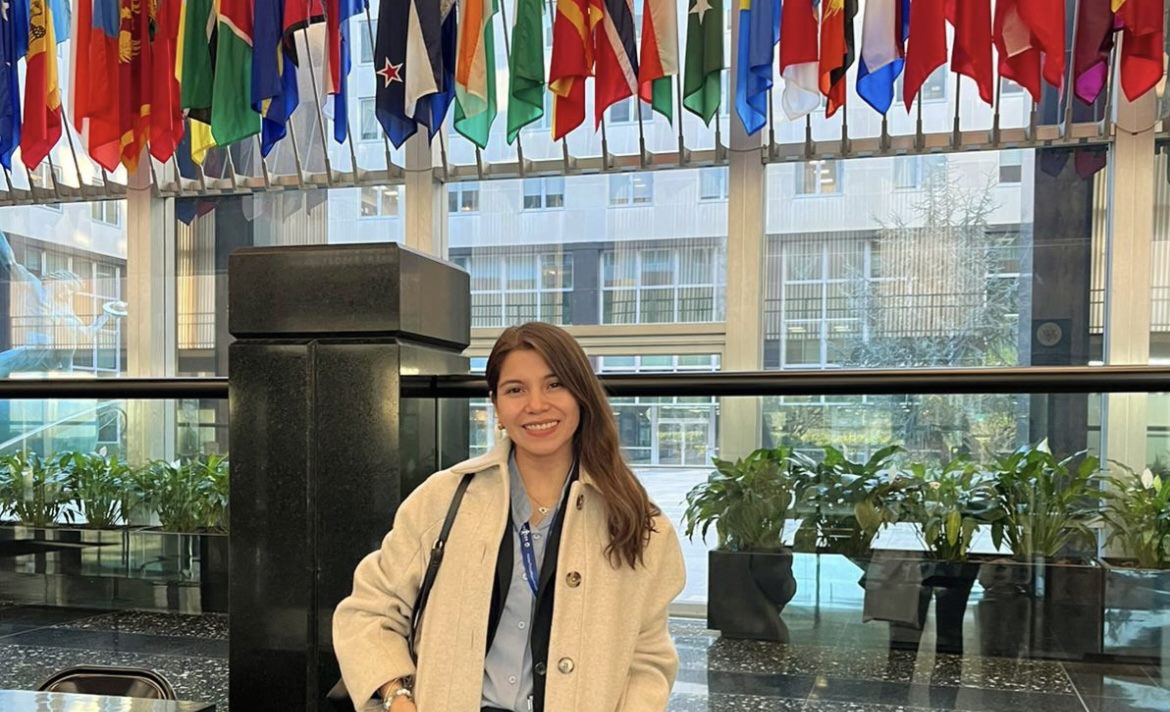 State Department Intern Viviana Gonzalez poses for a photo at the Harry S. Truman building.