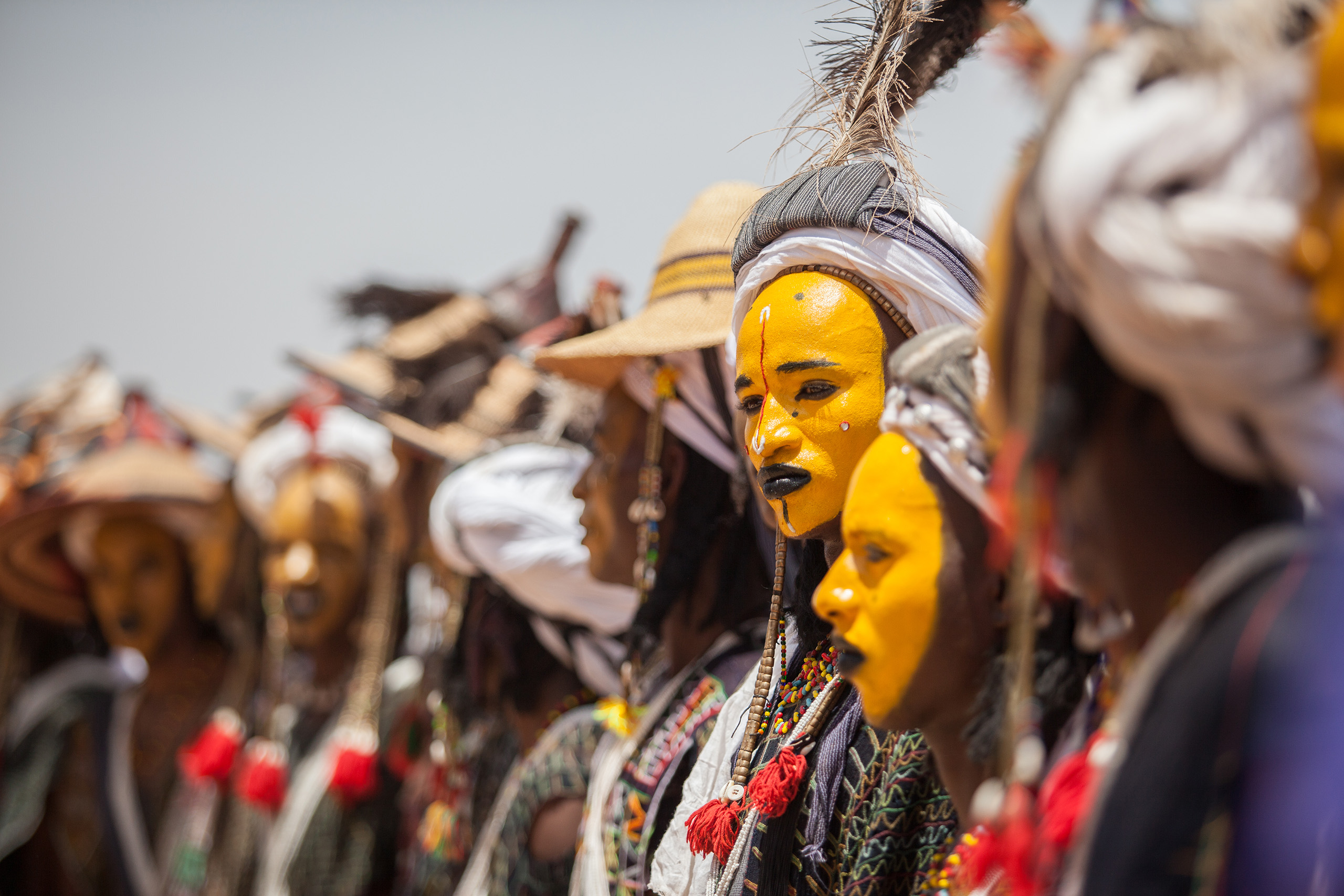 Ingall, Niger - September 2013: Mbororo Wodaabe nomads beauty competition in colorful traditional clothes at Curee Sale festival