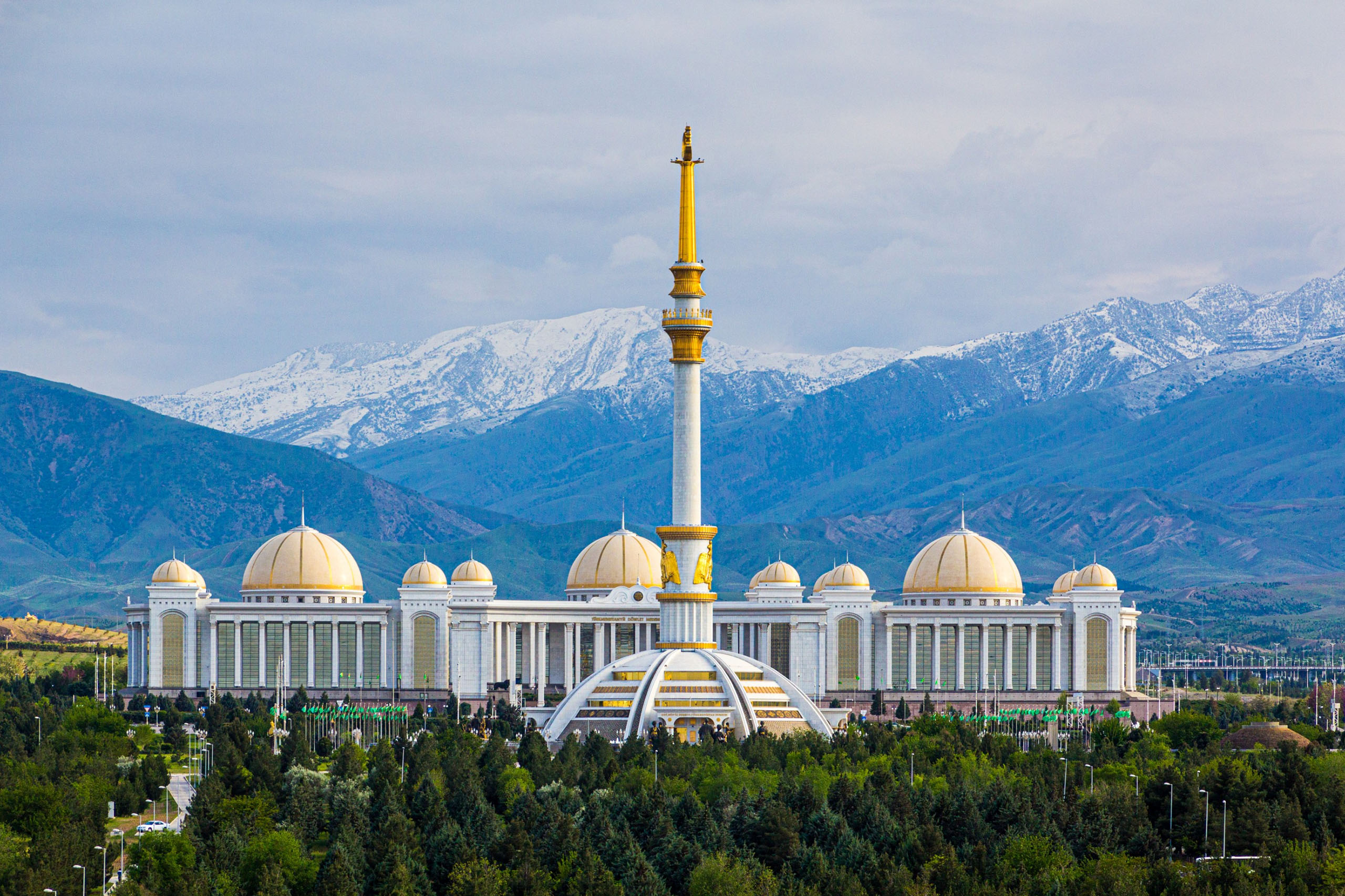 Independence monument and National Library in Ashgabat, Turkmenistan