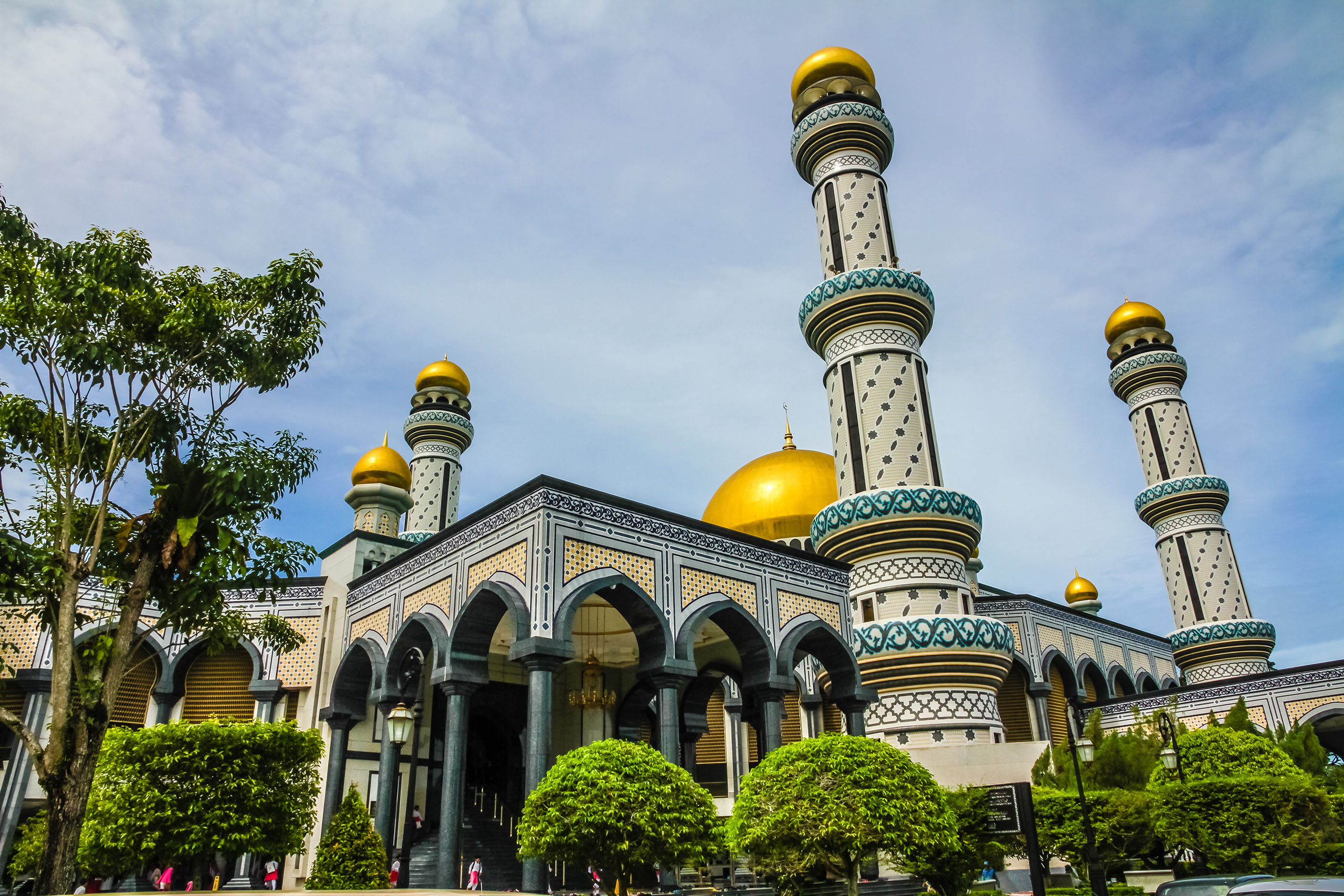 Beautiful View of Jame Asr Hassanil Bolkiah Mosque with Green Plants in Front - Bandar Seri Begawan, Brunei, Southeast Asia
