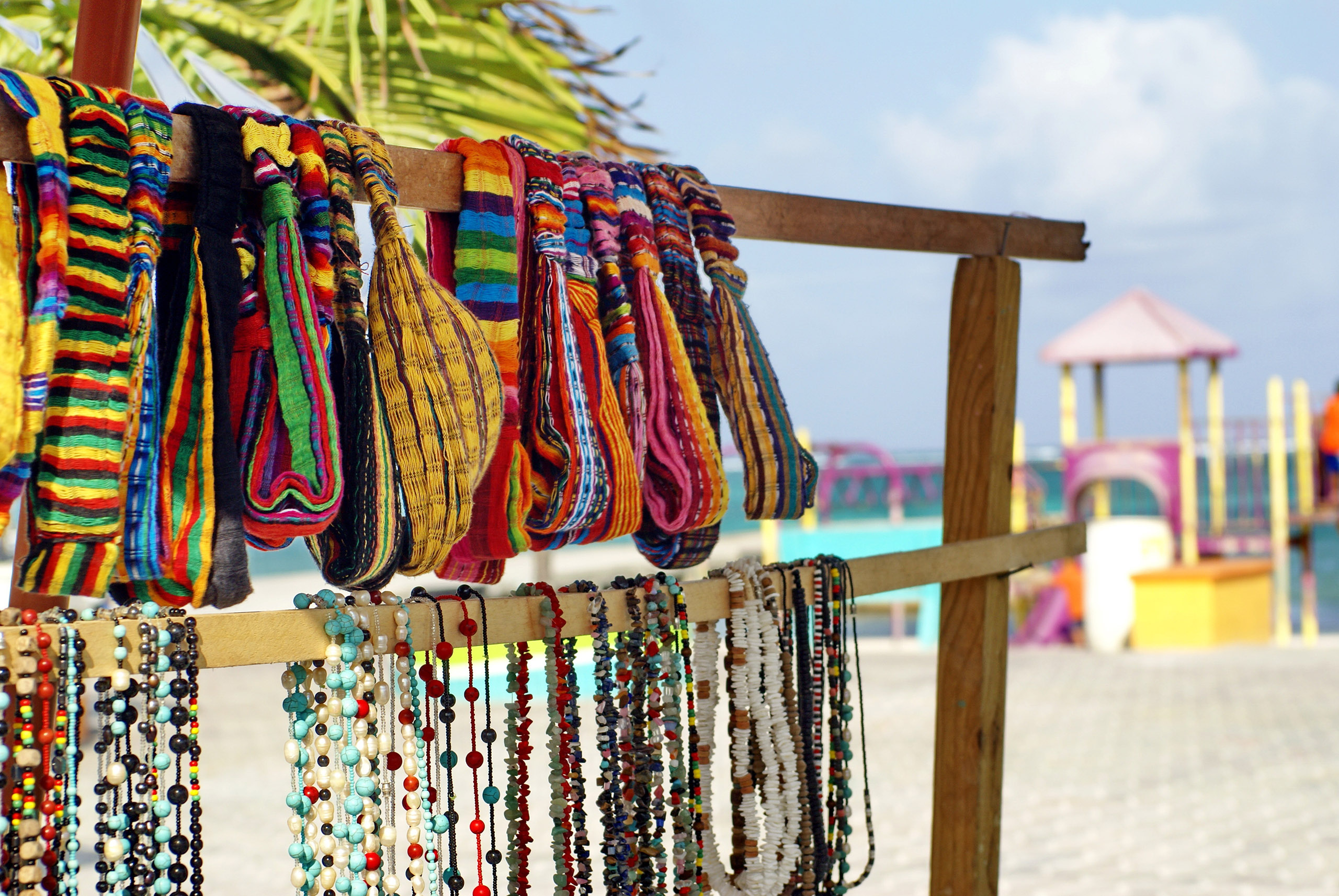 Hair ties and necklaces for sale at a souvenir stand in Ambergris Key, Belize