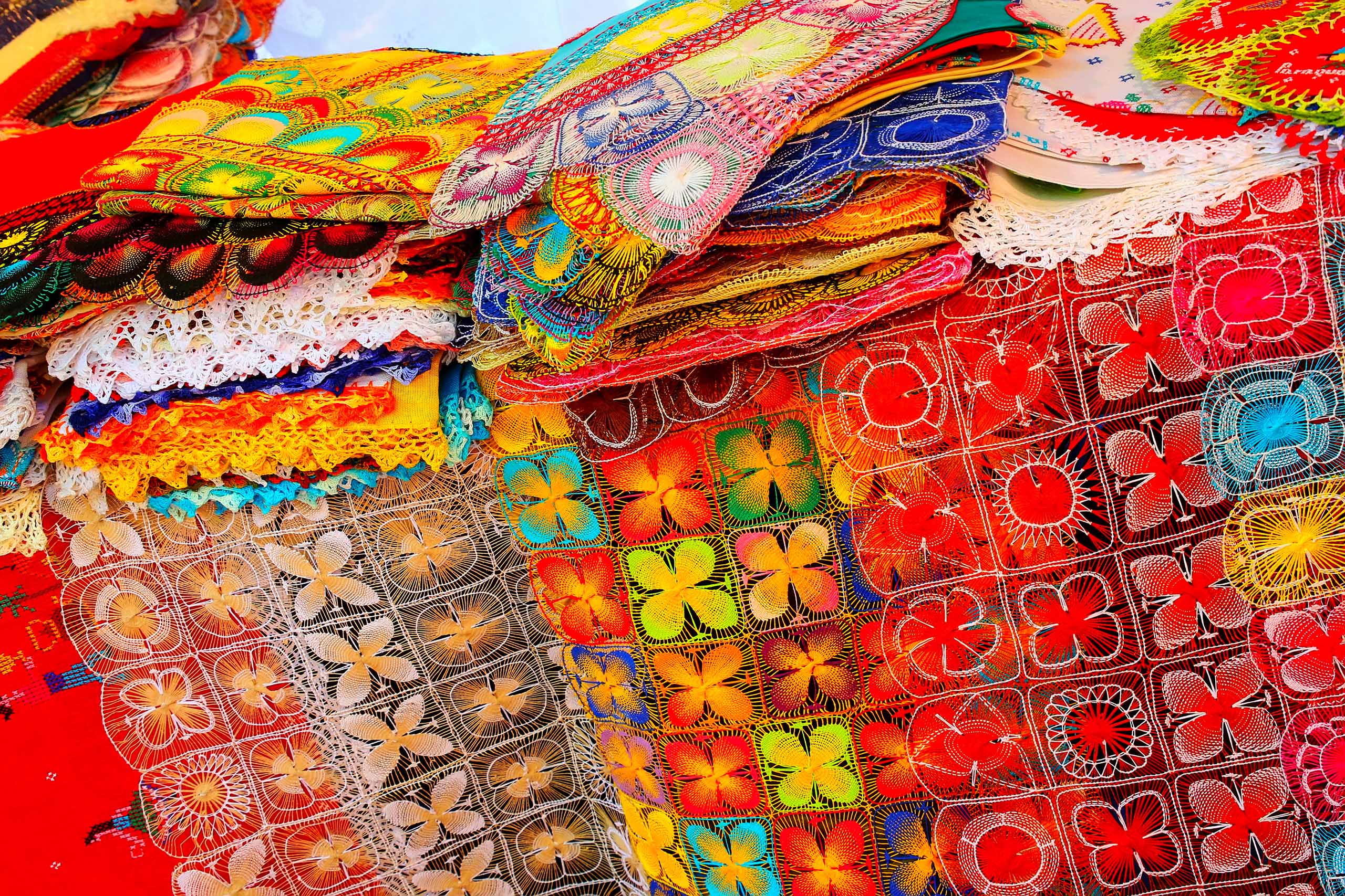 Display of nanduti at the street market in Asuncion, Paraguay. Nanduti is a traditional Paraguayan embroidered lace, introduced by the Spaniards