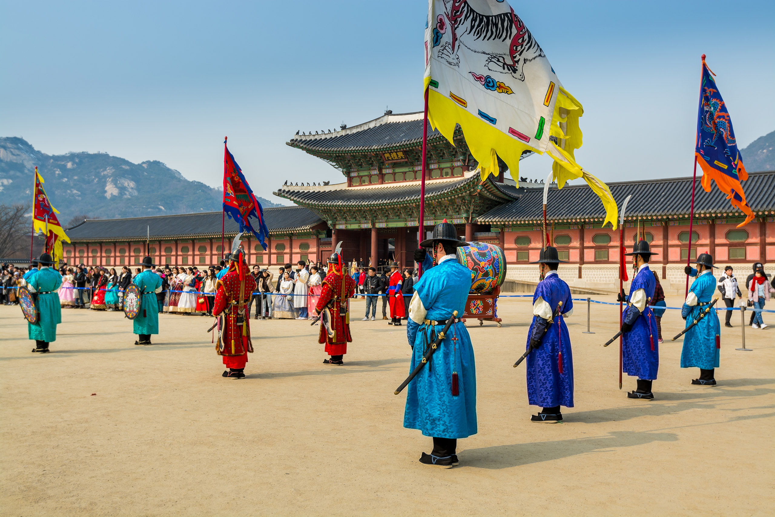 Seoul, Korea, February 15th, 2017, Warriors of the Royal guard in historical costumes in daily Ceremony of Gate Guard Change near the Gwanghwamun, the main Gate of Gyeongbokgung Palace