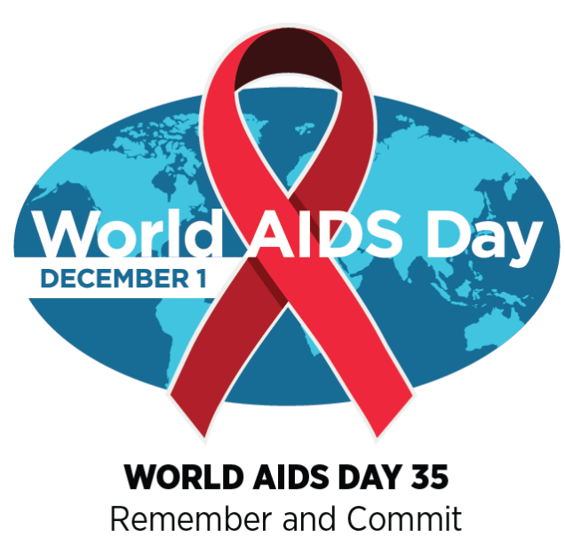 A blue oval world map in the back with a red service ribbon on the front with words: World AIDS Day December 1, World aids day 35 - Remember and Commit