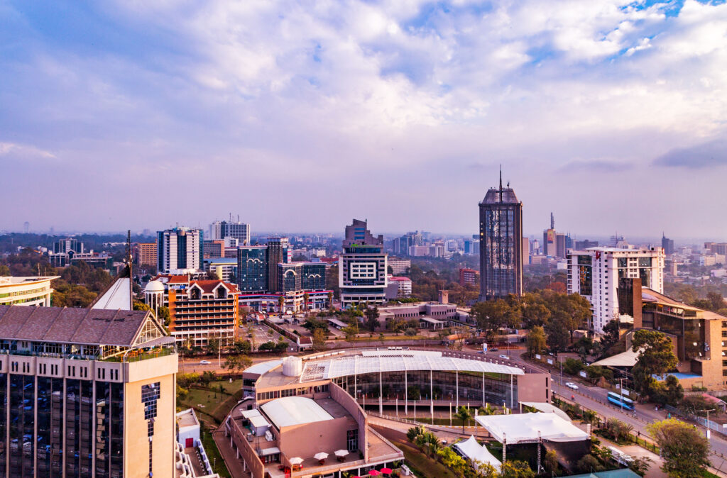 Nairobi City County Kenyas Capital City East Africa Center Upperhill In The Morning. Beautiful outdoors Skyline skyscrapers cityscapes explore panoramic scenic views cloudy sky architectural exterior