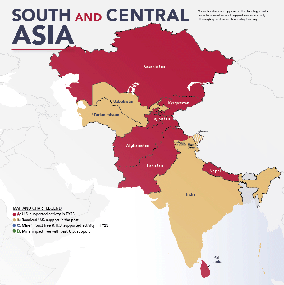 A map of the south and central Asia indicating countries that received CWD funding. See financial chart for alternate source of same information.