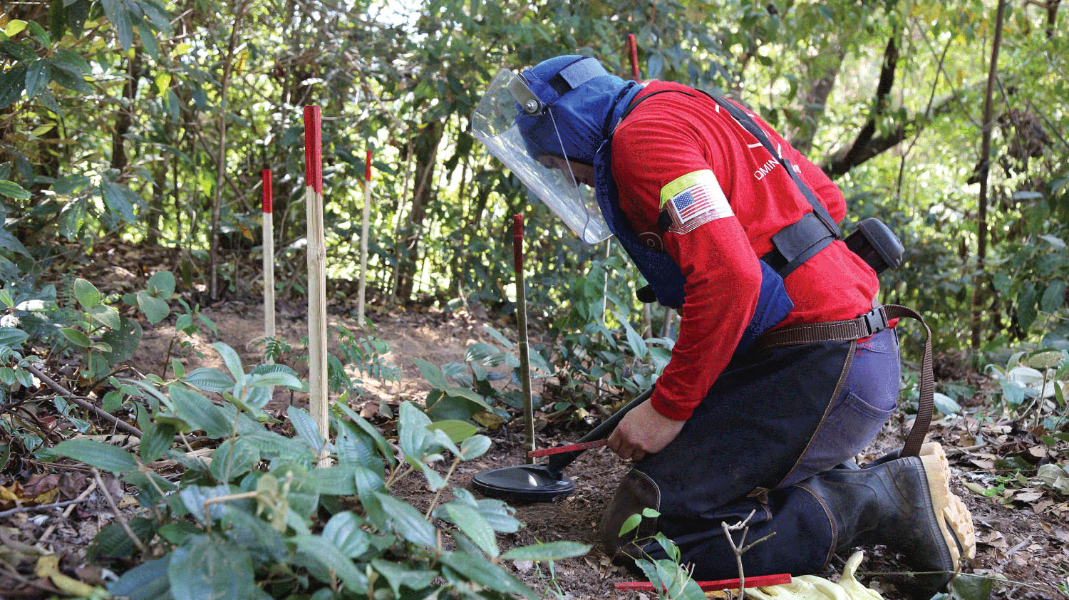 A person wearing a red shirt, faces hield and apron kneels on the ground in a forested area with a metal detector in one hand, and a wooden stake with a red tip in the other hand.