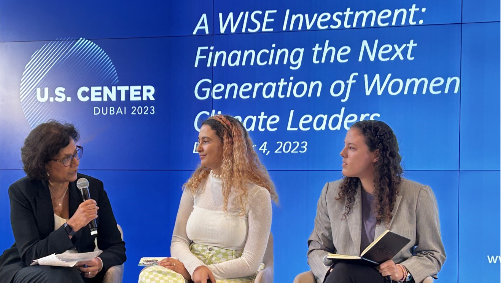 Dr. Geeta Rao Gupta, U.S. Ambassador-at-Large for Global Women’s Issues, moderates a discussion with Raysa França (Youth4Climate) and Hailey Campbell (Care About Climate) at the U.S. Center.
