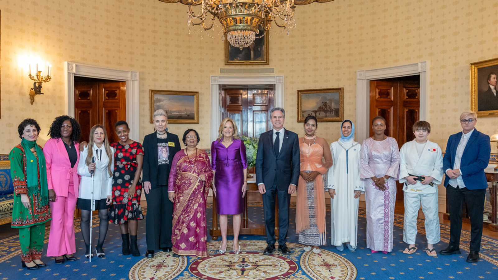 First Lady Jill Biden and Secretary of State Antony Blinken pose for a photo with recipients of the International Women of Courage Award Monday, March 4, 2024, in the Blue Room of the White House. (Official White House Photo by Erin Scott)